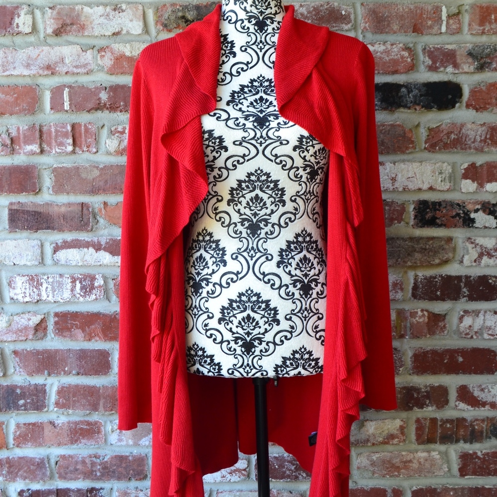 Red long ruffle collar cardigan